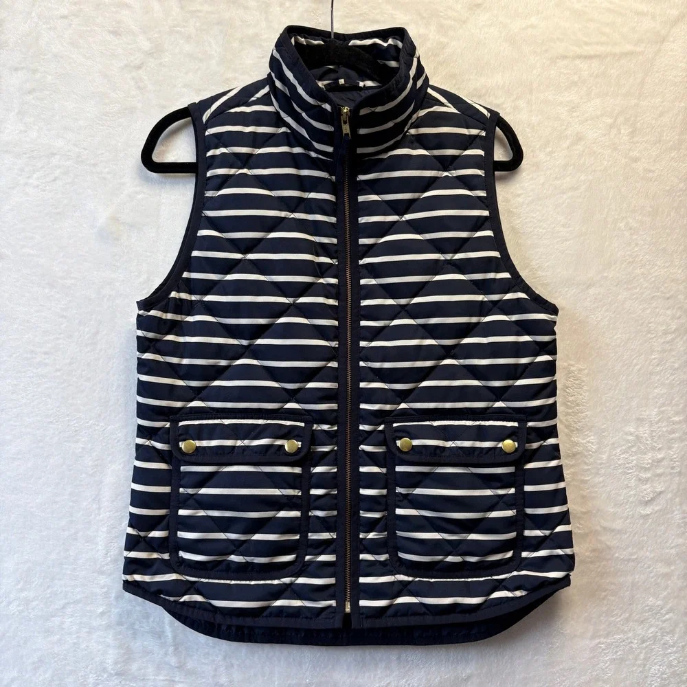 J. Crew Quilted Striped Vest Women Sz Small Navy White Puffer‎ Gilet Gold Zipper